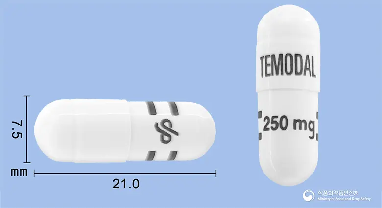 테모달캡슐250밀리그램(테모졸로미드) 앞뒤 사진 (흰색 캡슐, 각인 TEMODAL=250mg= / = =)