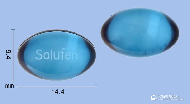 솔루펜연질캡슐(덱시부프로펜) 앞뒤 사진 (파란색·투명 캡슐, 각인 Solufen)