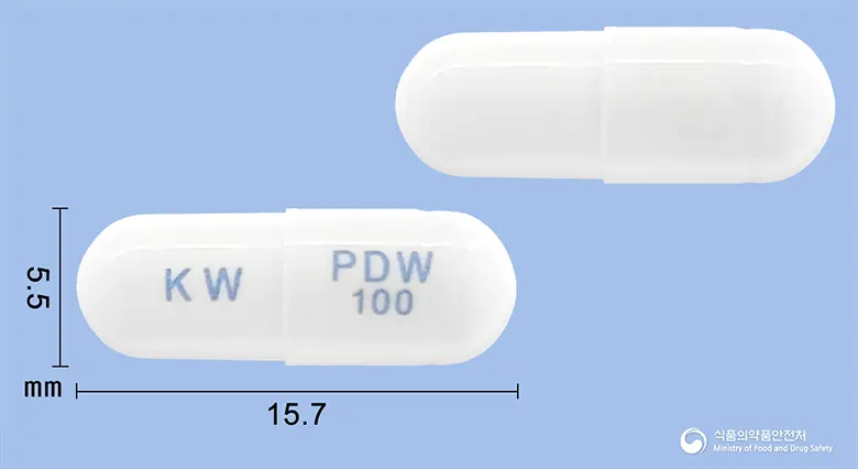 펜다운캡슐100밀리그램(가바펜틴) 앞뒤 사진 (흰색 캡슐, 각인 KW PDW 100)