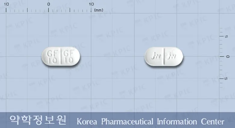글루패스트정10밀리그램(미티글리니드칼슘수화물) 앞뒤 사진 (흰색 장방형, 각인 GF GF10 10)