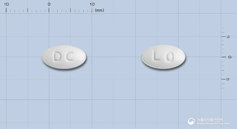 프로자탄정(로사르탄칼륨) 앞뒤 사진 (흰색 타원형, 각인 DC / LO)