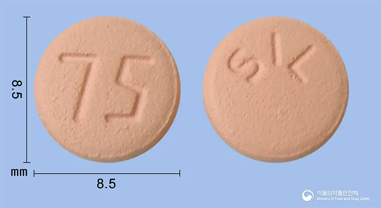 프라빅정(클로피도그렐황산수소염) 앞뒤 사진 (분홍색 원형, 각인 75 / SIL)