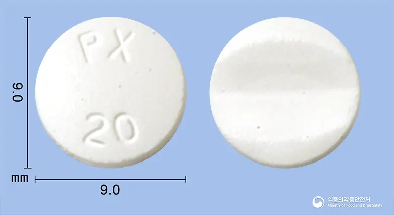 산도스파록세틴정(무수염산파록세틴) 앞뒤 사진 (흰색 원형, 각인 PX20)
