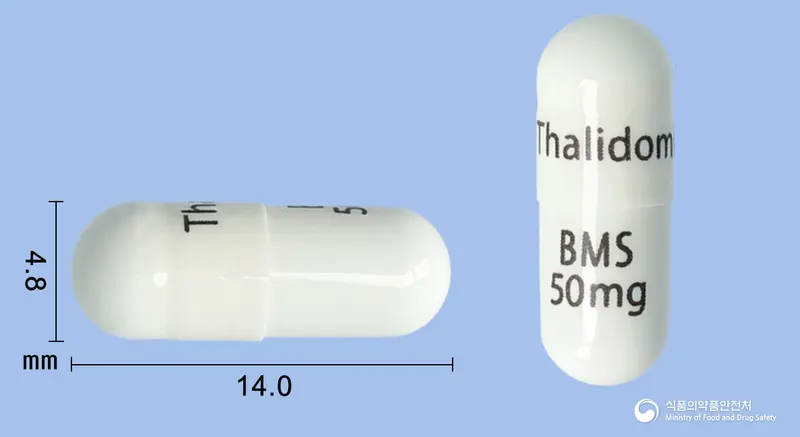 비엠에스탈리도마이드캡슐50밀리그램 앞뒤 사진 (흰색 캡슐, 각인 ThalidomideBMS50mg)