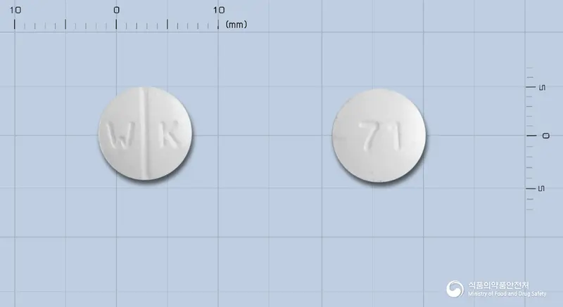 토르신정10밀리그람(토르세미드) 앞뒤 사진 (흰색 원형, 각인 W K / 71)