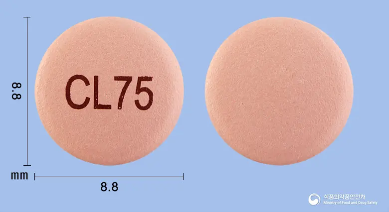 인히플라정(클로피도그렐황산염) 앞뒤 사진 (분홍색 원형, 각인 CL75)