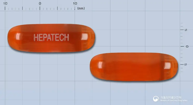 헤파테크연질캡슐(카르두스마리아누스엑스) 앞뒤 사진 (갈색·투명 캡슐, 각인 HEPATECH)