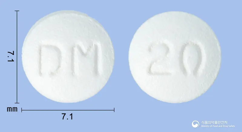 다산파모티딘정20밀리그램(파모티딘) 앞뒤 사진 (흰색 원형, 각인 DM / 20)