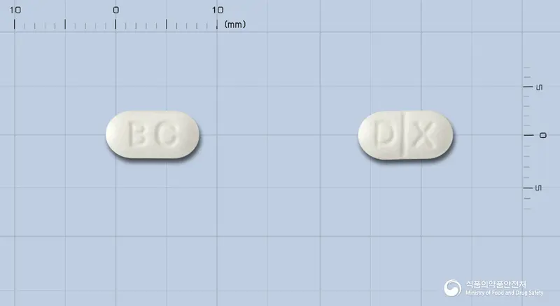 비씨메실산독사조신정2밀리그람 앞뒤 사진 (흰색 장방형, 각인 BC / D X)