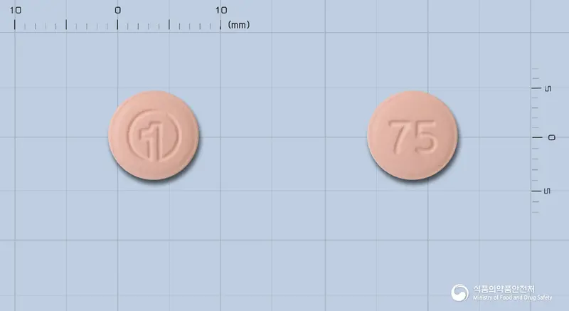 플라메드정(클로피도그렐황산수소염)[수출명:플라독스정(FLADOXTablet) 앞뒤 사진 (분홍색 원형, 각인 75)