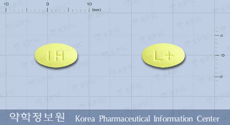 로자타플러스정 앞뒤 사진 (연두색 타원형, 각인 IH / L+)