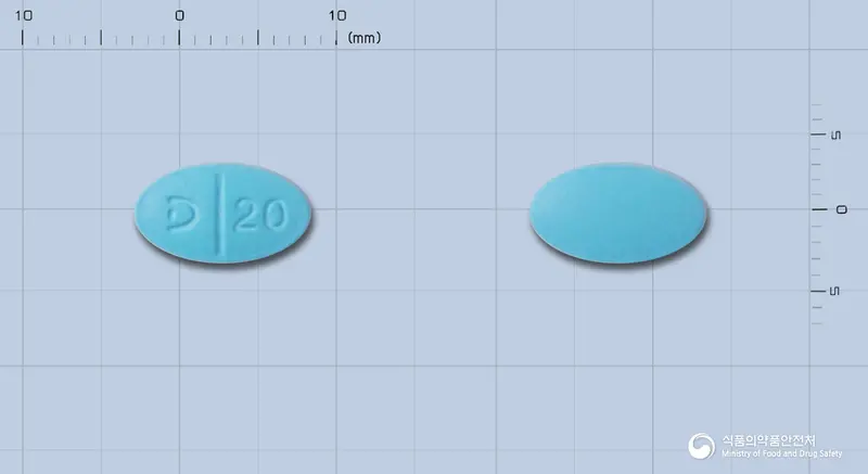 다베롤정20mg(염산베탁솔롤) 앞뒤 사진 (파란색 타원형, 각인 20)