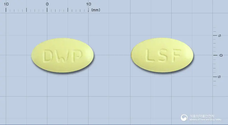 원살탄플러스에프정 앞뒤 사진 (노란색 타원형, 각인 DWP / LSF)
