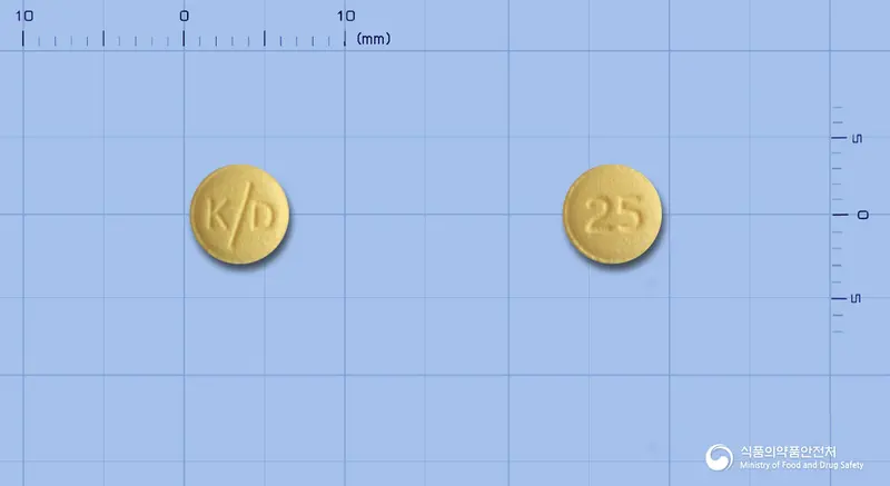 토피리드정25밀리그램(토피라메이트) 앞뒤 사진 (노란색 원형, 각인 K/D / 25)