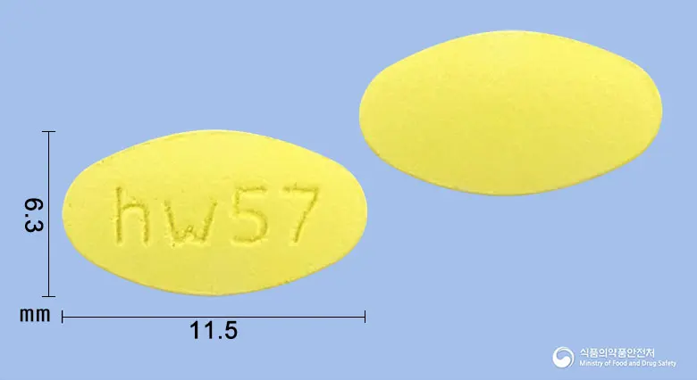 로사트플러스정 앞뒤 사진 (노란색 타원형, 각인 hw57)