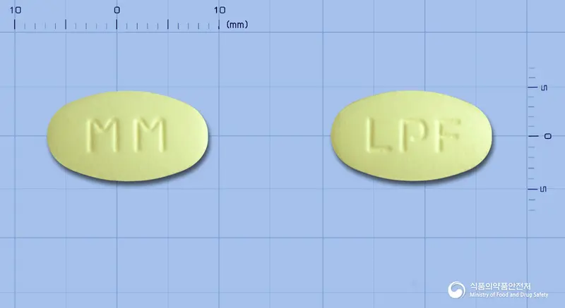 로사닌플러스에프정 앞뒤 사진 (노란색 타원형, 각인 MM / LPF)