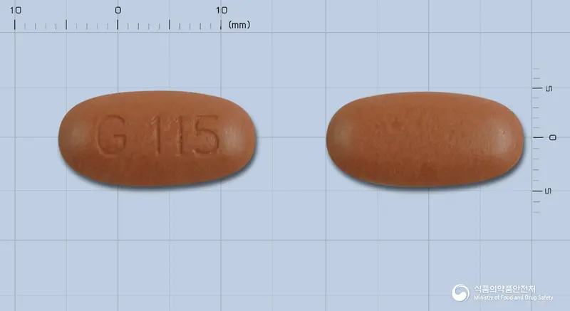 파마톤더블유정 앞뒤 사진 (갈색 타원형, 각인 G115)