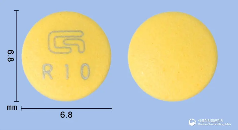 라베스타정10mg(라베프라졸나트륨) 앞뒤 사진 (노란색 원형, 각인 R10)