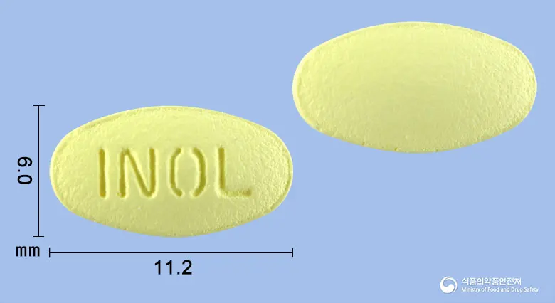 이노엔로자탄플러스정 앞뒤 사진 (노란색 타원형, 각인 INOL)