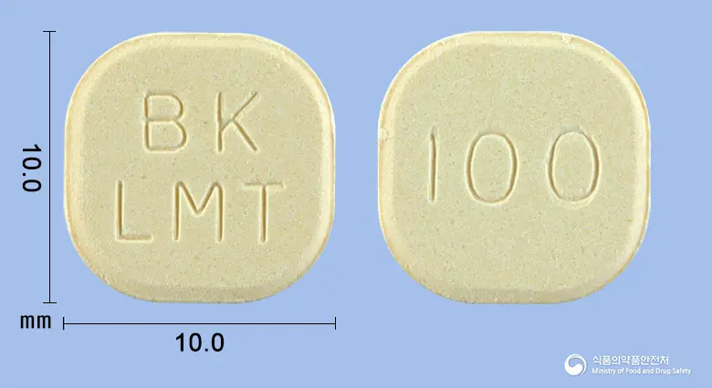 라모티진정100밀리그램(라모트리진) 앞뒤 사진 (노란색 사각형, 각인 BKLMT / 100)