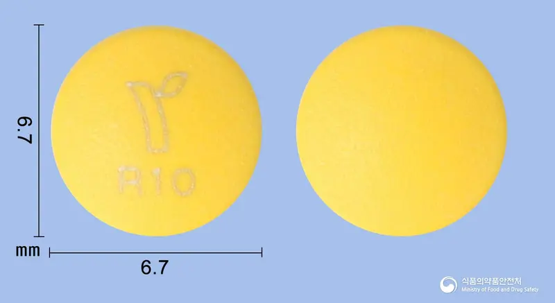 라베트라정10mg(라베프라졸나트륨) 앞뒤 사진 (노란색 원형, 각인 R10)