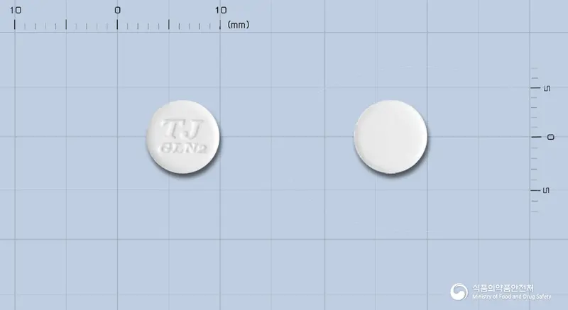 가스론엔정2mg(이르소글라딘말레산염) 앞뒤 사진 (흰색 원형, 각인 TJGLN2)