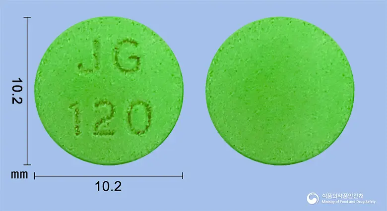 진코라이프정120mg(은행엽건조엑스) 앞뒤 사진 (초록색 원형, 각인 JG120)