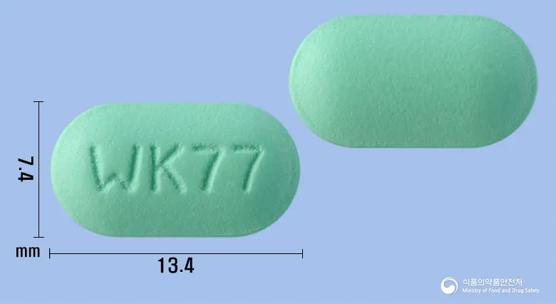 맥스텐정 앞뒤 사진 (초록색 장방형, 각인 WK77)