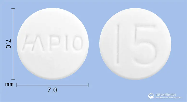 팩토스정(피오글리타존염산염) 앞뒤 사진 (흰색 원형, 각인 PIO / 15)