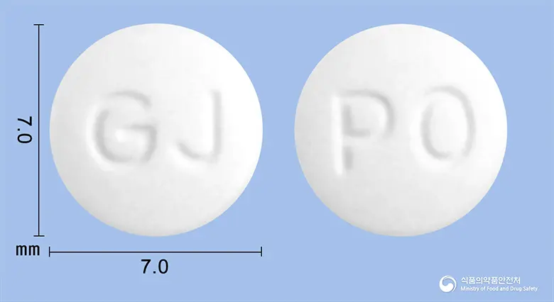 액티엠정(피오글리타존염산염) 앞뒤 사진 (흰색 원형, 각인 GJ / PO)