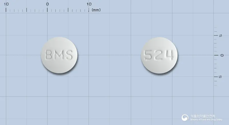 스프라이셀정70밀리그램(다사티닙) 앞뒤 사진 (흰색 원형, 각인 BMS / 524)