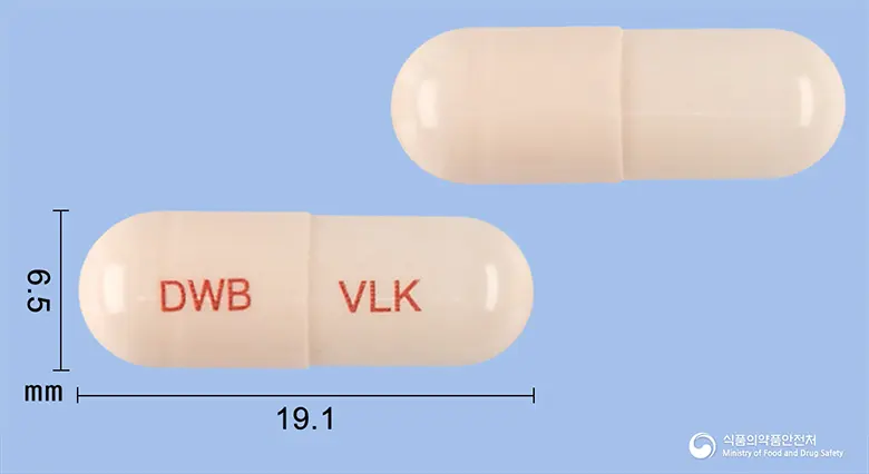 베라칸서방캡슐75밀리그램(벤라팍신염산염) 앞뒤 사진 (분홍색 캡슐, 각인 DWB VLK)