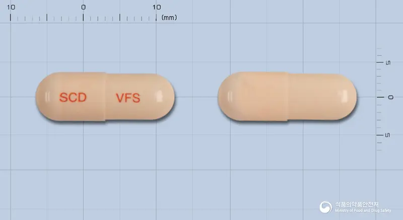 벤라팩트서방캡슐(벤라팍신염산염) 앞뒤 사진 (분홍색 캡슐, 각인 SCD VFS)