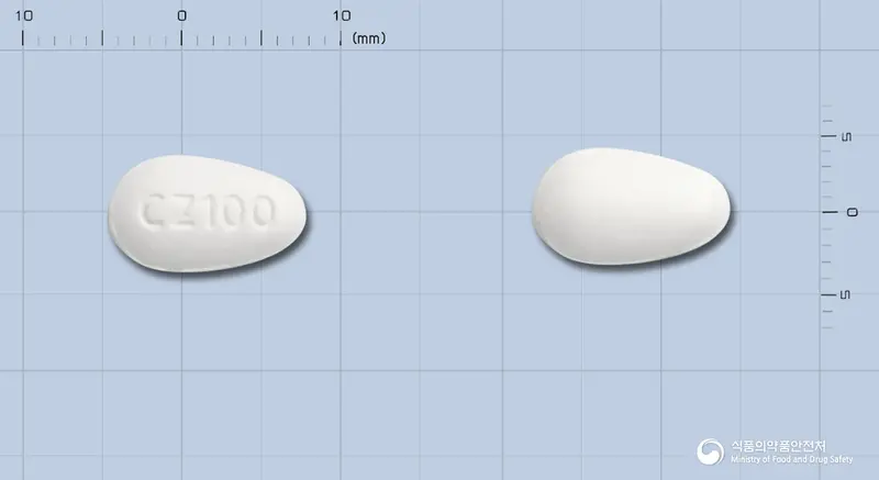 코자르탄정100mg(로사르탄칼륨) 앞뒤 사진 (흰색 기타, 각인 CZ100)