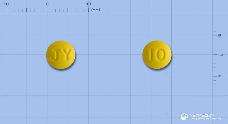에스프라정10mg(라베프라졸나트륨) 앞뒤 사진 (노란색 원형, 각인 JY / 10)