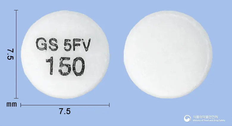 웰부트린엑스엘정150밀리그램(부프로피온염산염) 앞뒤 사진 (흰색 원형, 각인 GS 5FV150)