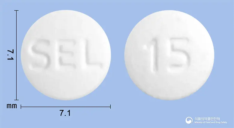 피오벡스정15mg(피오글리타존염산염) 앞뒤 사진 (흰색 원형, 각인 SEL / 15)