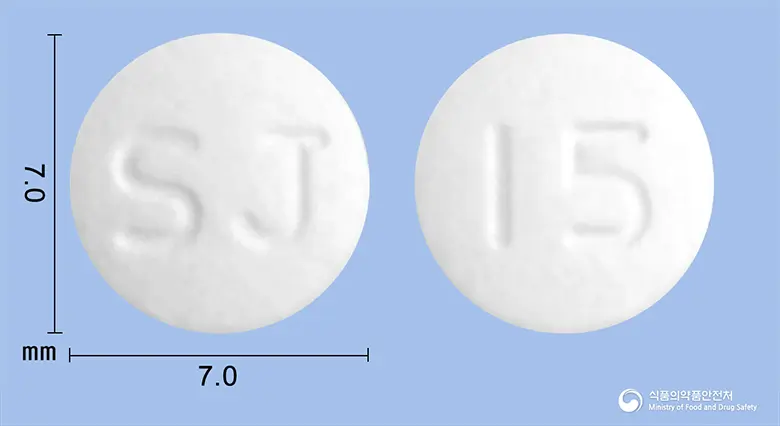 글레존정(피오글리타존염산염) 앞뒤 사진 (흰색 원형, 각인 SJ / 15)