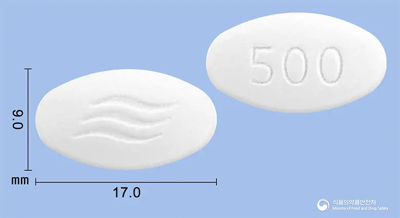 애니목스정500mg(아목시실린·설박탐피복실) 앞뒤 사진 (흰색 타원형, 각인 500)