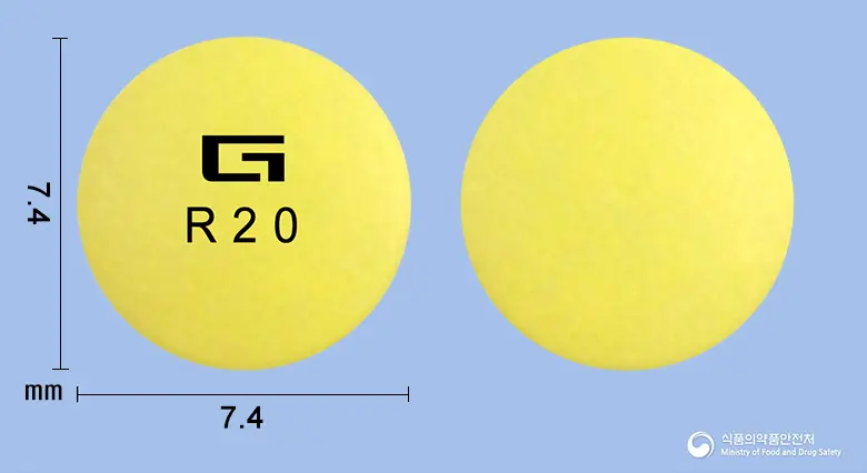 라베스타정20mg(라베프라졸나트륨) 앞뒤 사진 (노란색 원형, 각인 R20)