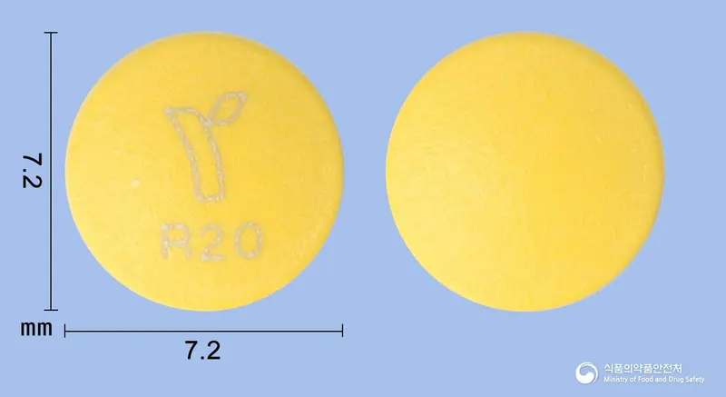 라베트라정20mg(라베프라졸나트륨) 앞뒤 사진 (노란색 원형, 각인 R20)