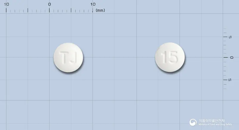 다이엑스정15밀리그램(피오글리타존염산염) 앞뒤 사진 (흰색 원형, 각인 TJ / 15)