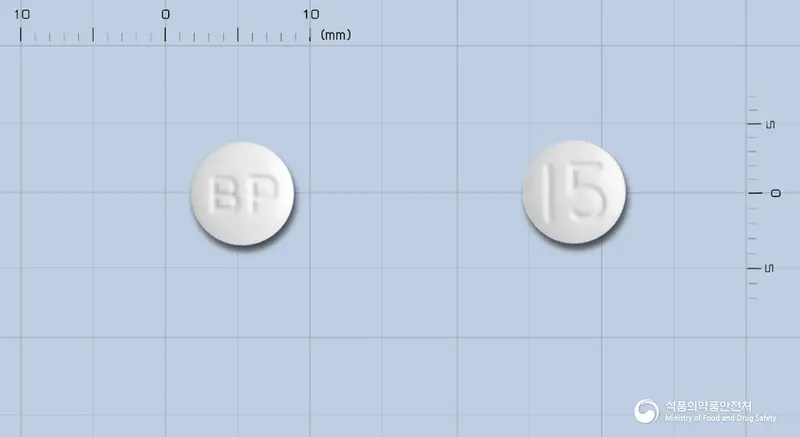 피오글정(피오글리타존염산염) 앞뒤 사진 (흰색 원형, 각인 BP / 15)
