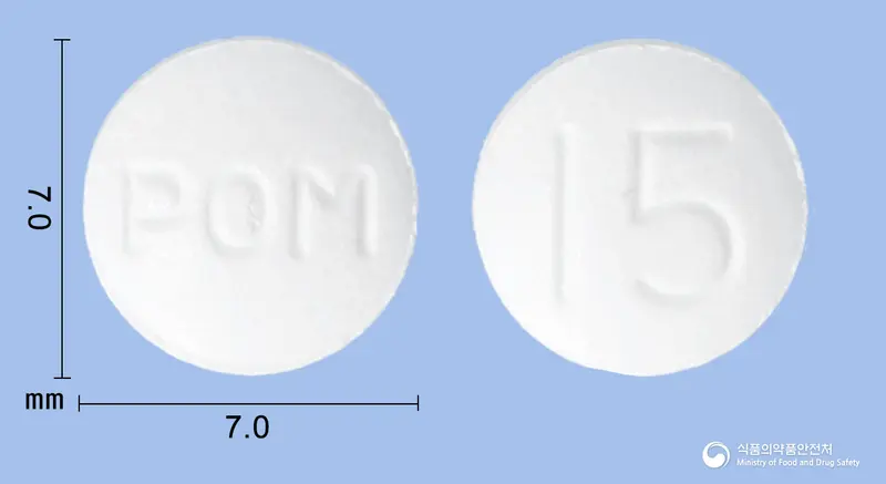 피오민정(피오글리타존염산염) 앞뒤 사진 (흰색 원형, 각인 POM / 15)