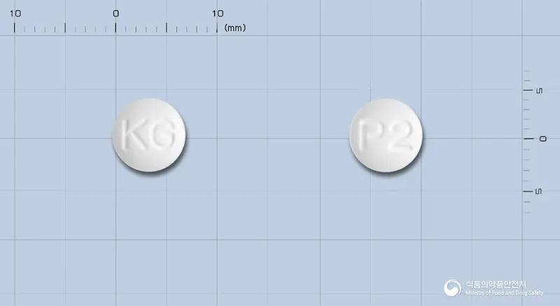 피오스정(피오글리타존염산염) 앞뒤 사진 (흰색 원형, 각인 KG / P2)