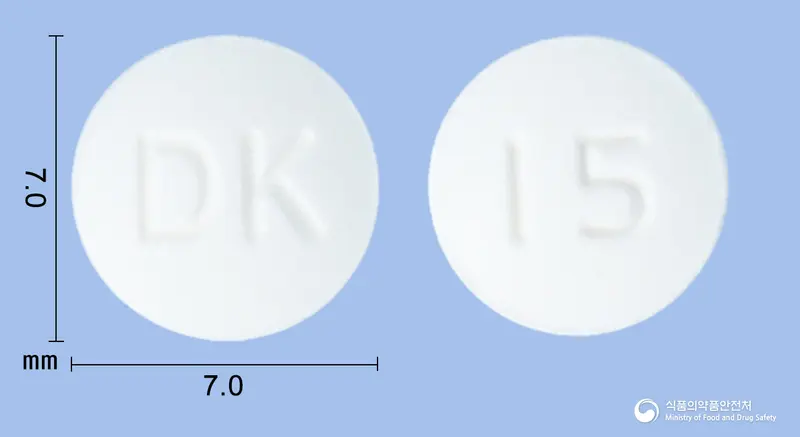 피오스타정(피오글리타존염산염) 앞뒤 사진 (흰색 원형, 각인 DK / 15)