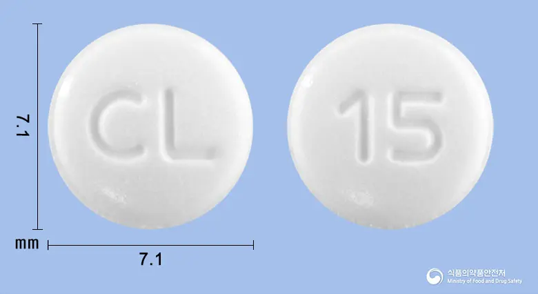 글루스탑정(피오글리타존염산염) 앞뒤 사진 (흰색 원형, 각인 CL / 15)
