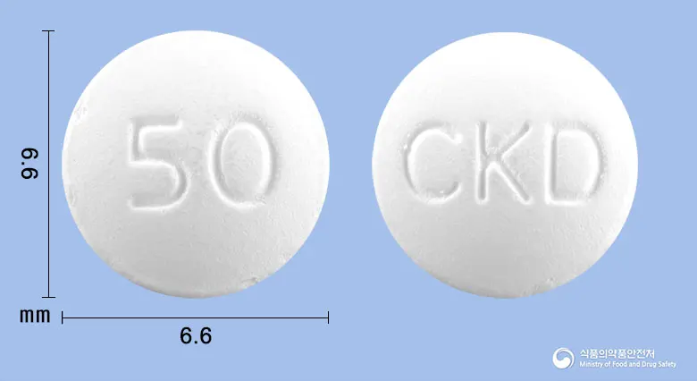 칼루타미정50밀리그램(비칼루타미드) 앞뒤 사진 (흰색 원형, 각인 50 / CKD)