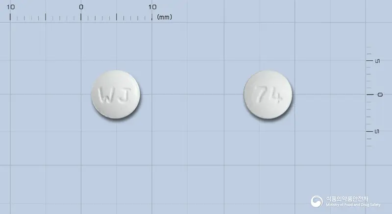 피오졸정(피오글리타존염산염) 앞뒤 사진 (흰색 원형, 각인 WJ / 74)
