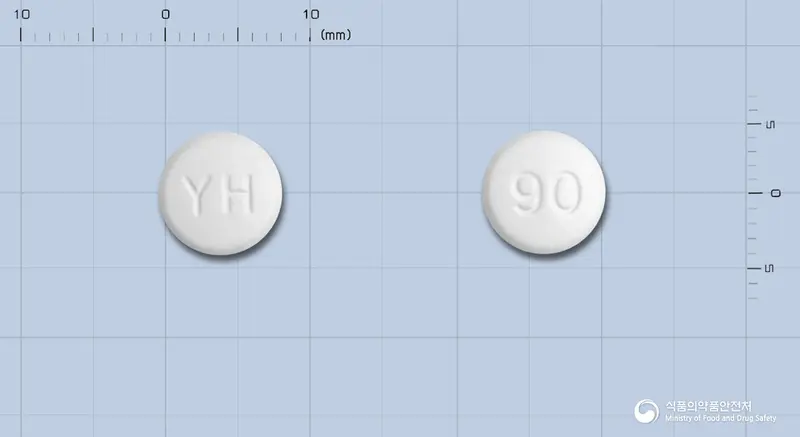 글리스틱정(나테글리니드) 앞뒤 사진 (흰색 원형, 각인 YH / 90)